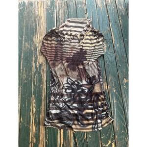 BLEU Womens Brown Striped Rhinestone Graphic V-Neck Short Sleeve Top Medium